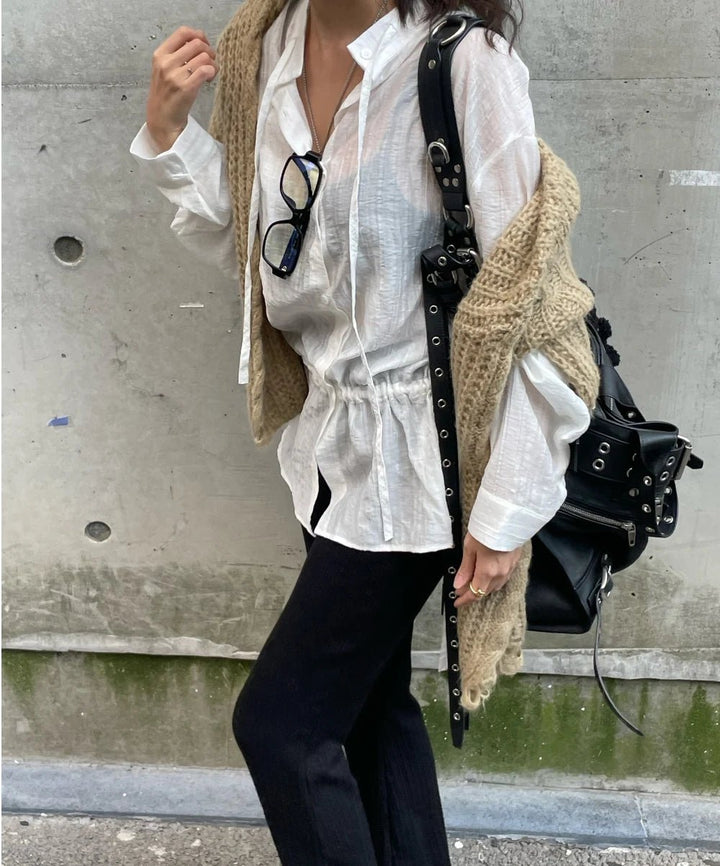 2025 Chic White Belted Shirt – Slimming Waist Tie & French Style for Spring - VeauBeauty