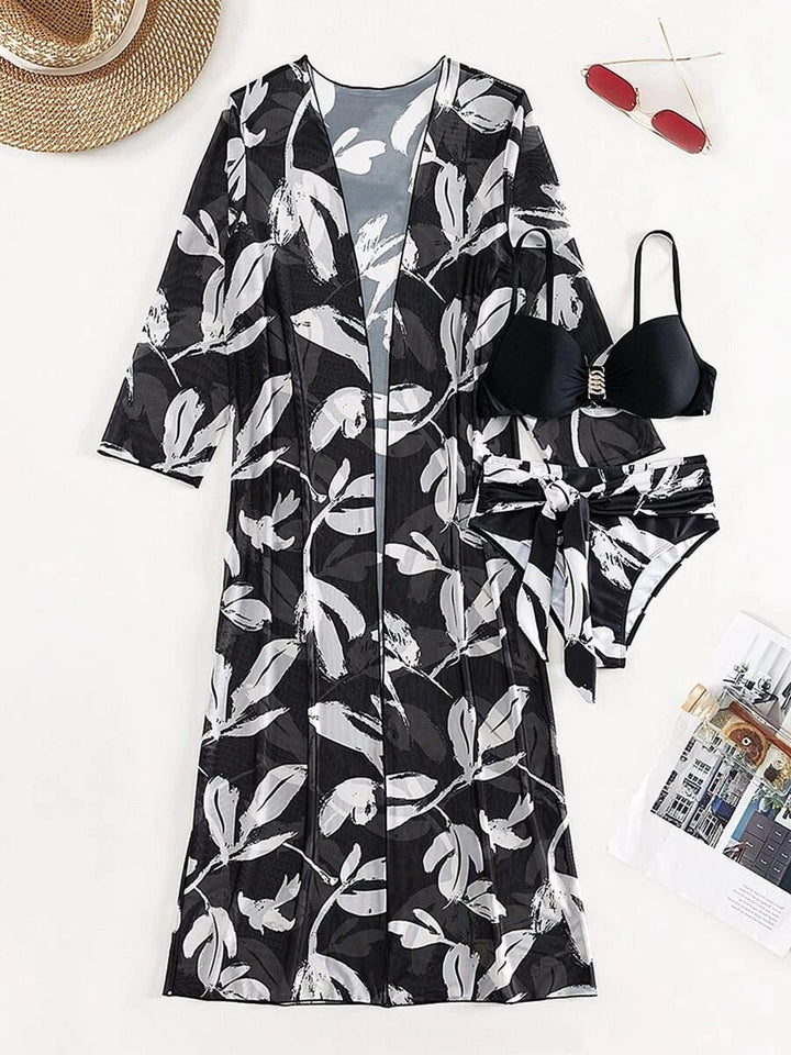 2025 Print 3 Pieces High Waist Bikini & Long Sleeve Kimono Swimsuit Women For Women - VeauBeauty