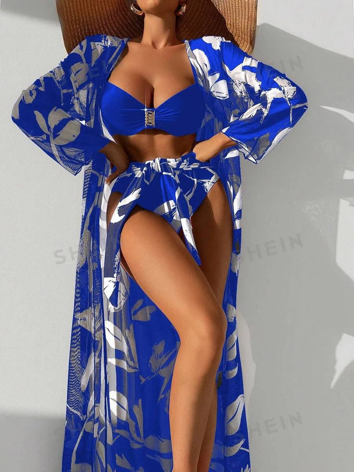 2025 Print 3 Pieces High Waist Bikini & Long Sleeve Kimono Swimsuit Women For Women - VeauBeauty