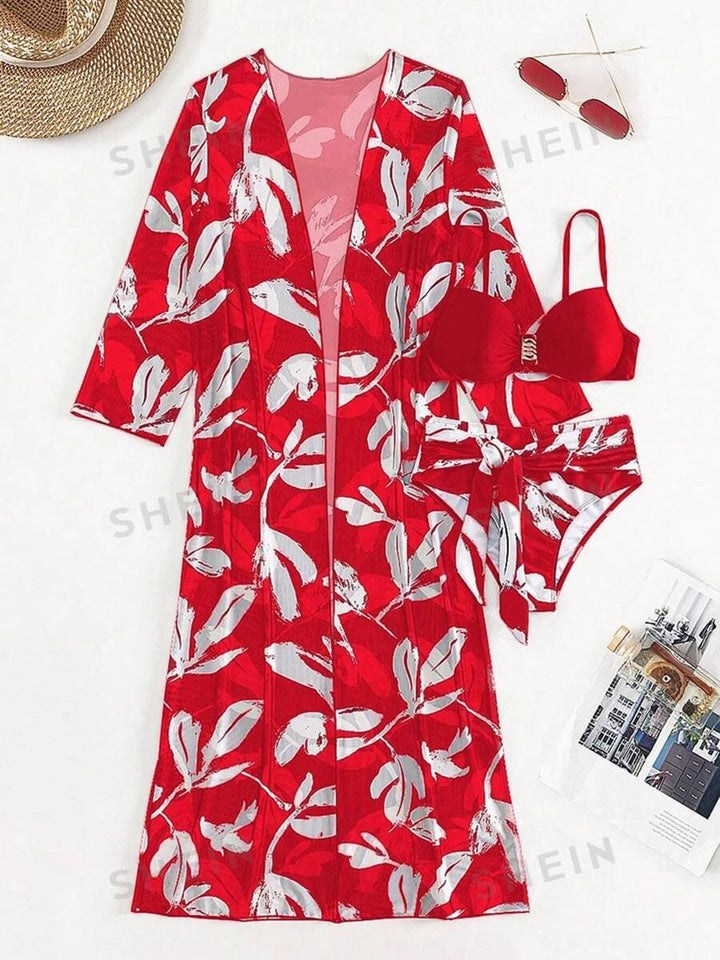2025 Print 3 Pieces High Waist Bikini & Long Sleeve Kimono Swimsuit Women For Women - VeauBeauty