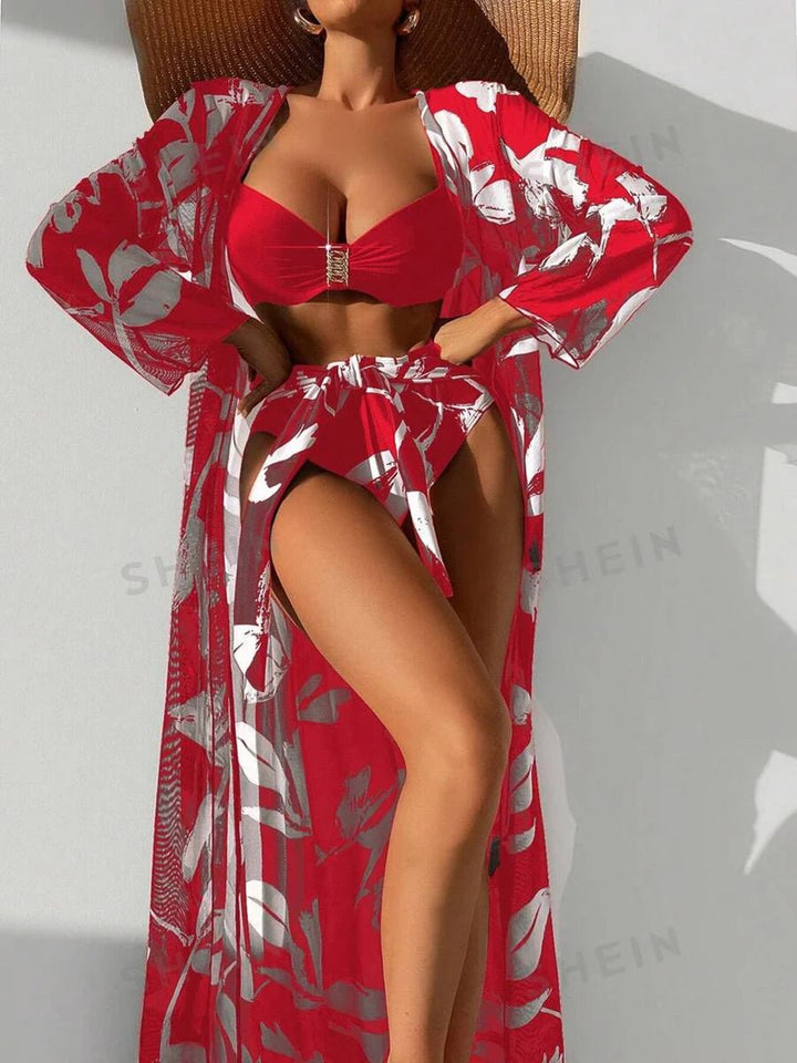 2025 Print 3 Pieces High Waist Bikini & Long Sleeve Kimono Swimsuit Women For Women - VeauBeauty