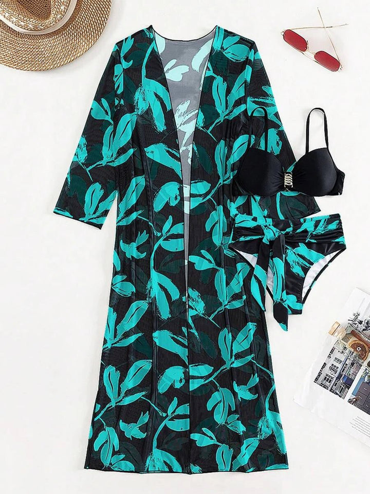 2025 Print 3 Pieces High Waist Bikini & Long Sleeve Kimono Swimsuit Women For Women - VeauBeauty