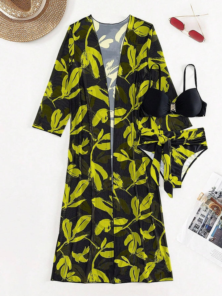 2025 Print 3 Pieces High Waist Bikini & Long Sleeve Kimono Swimsuit Women For Women - VeauBeauty
