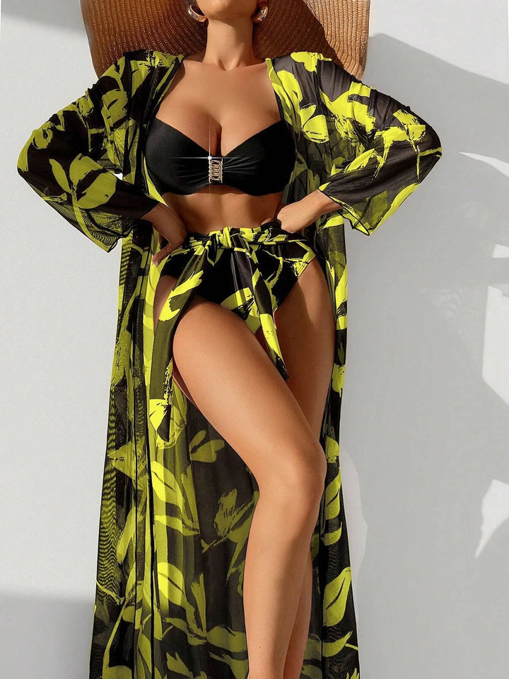 2025 Print 3 Pieces High Waist Bikini & Long Sleeve Kimono Swimsuit Women For Women - VeauBeauty