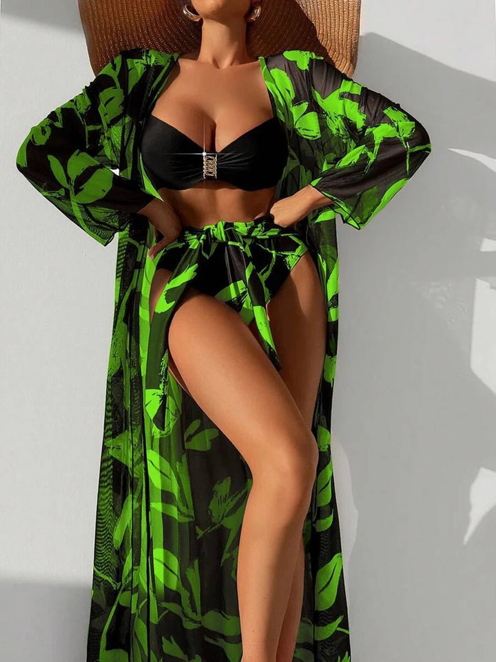 2025 Print 3 Pieces High Waist Bikini & Long Sleeve Kimono Swimsuit Women For Women - VeauBeauty