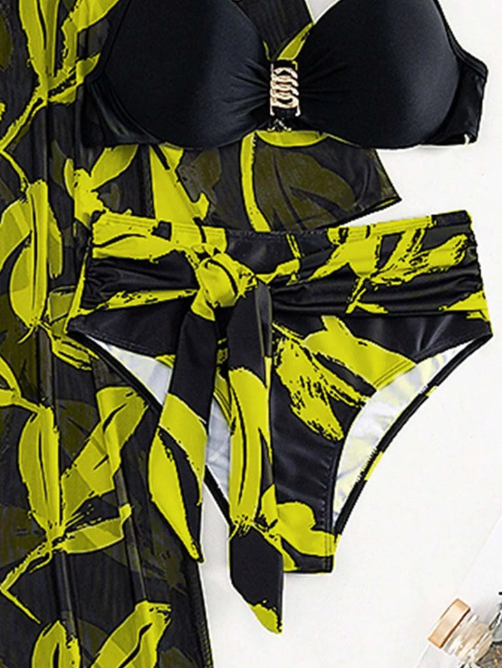 2025 Print 3 Pieces High Waist Bikini & Long Sleeve Kimono Swimsuit Women For Women - VeauBeauty