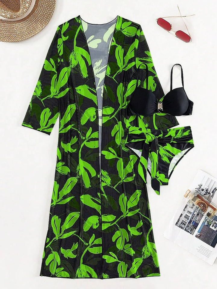 2025 Print 3 Pieces High Waist Bikini & Long Sleeve Kimono Swimsuit Women For Women - VeauBeauty