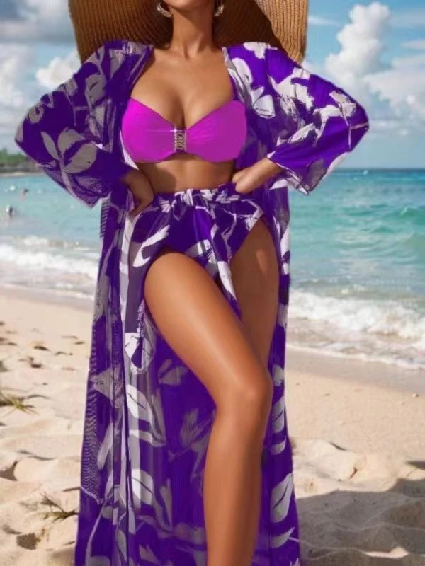 2025 Print 3 Pieces High Waist Bikini & Long Sleeve Kimono Swimsuit Women For Women - VeauBeauty
