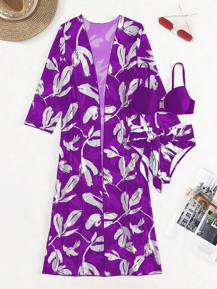 2025 Print 3 Pieces High Waist Bikini & Long Sleeve Kimono Swimsuit Women For Women - VeauBeauty