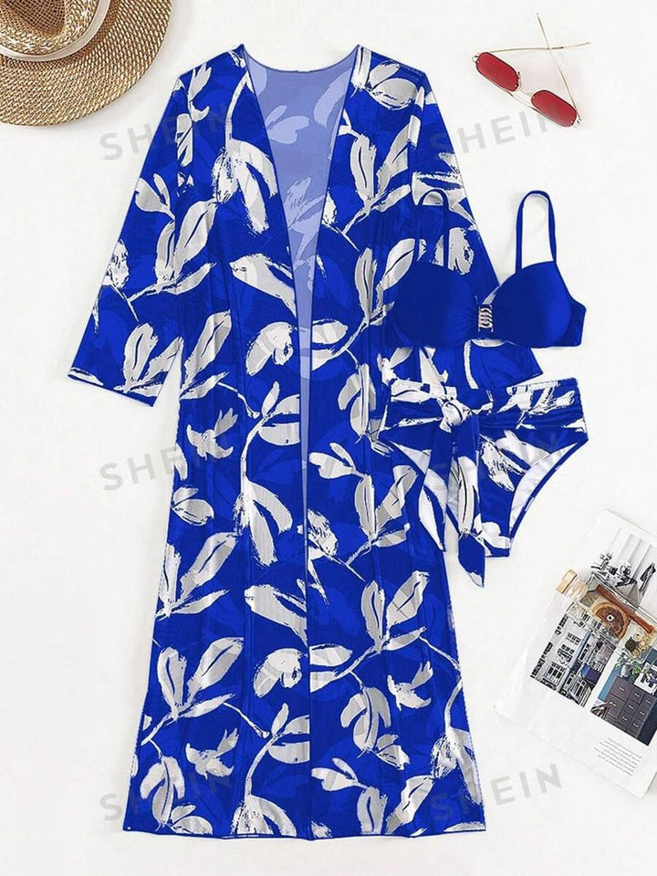 2025 Print 3 Pieces High Waist Bikini & Long Sleeve Kimono Swimsuit Women For Women - VeauBeauty