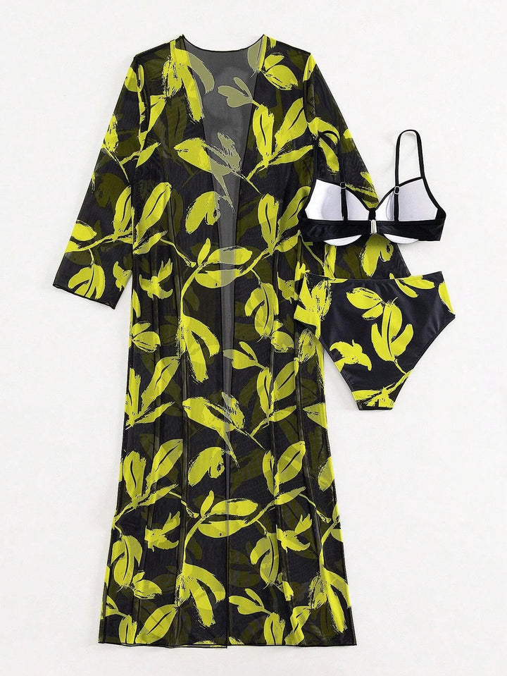 2025 Print 3 Pieces High Waist Bikini & Long Sleeve Kimono Swimsuit Women For Women - VeauBeauty