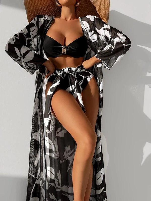 2025 Print 3 Pieces High Waist Bikini & Long Sleeve Kimono Swimsuit Women For Women - VeauBeauty