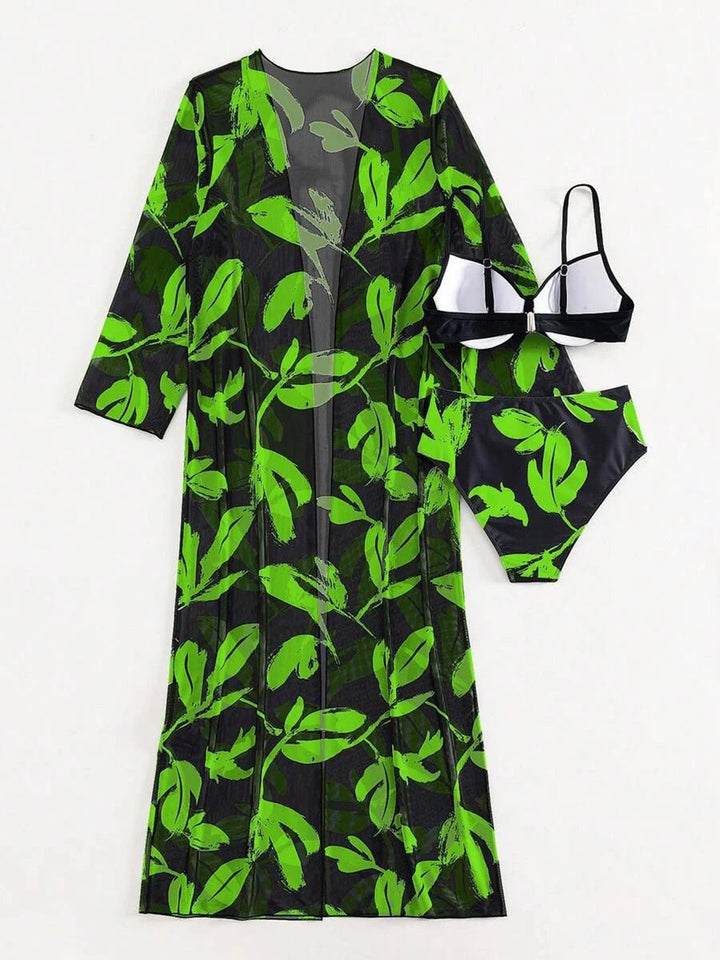2025 Print 3 Pieces High Waist Bikini & Long Sleeve Kimono Swimsuit Women For Women - VeauBeauty