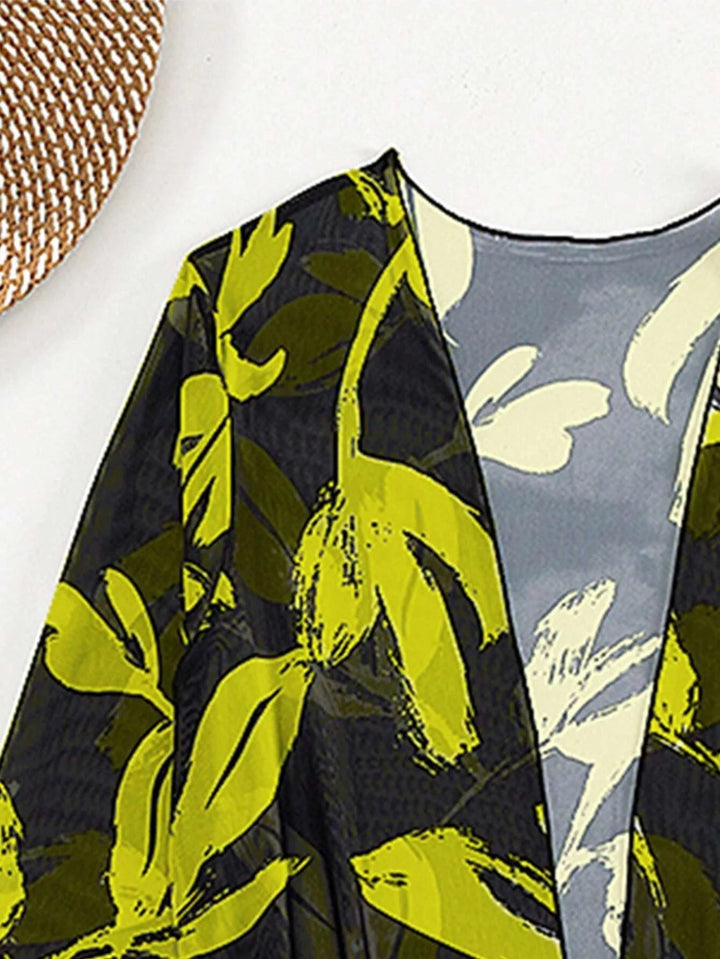 2025 Print 3 Pieces High Waist Bikini & Long Sleeve Kimono Swimsuit Women For Women - VeauBeauty