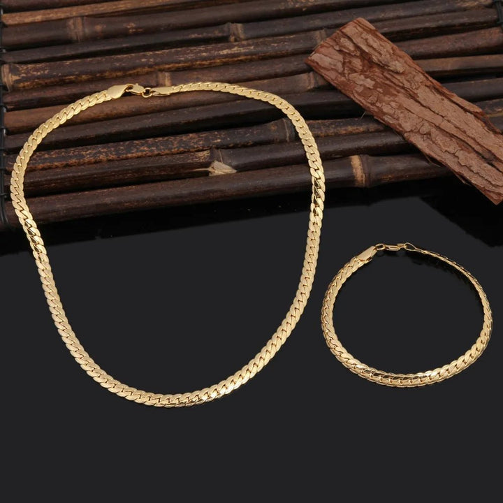 925 Sterling Silver 18K Gold 6MM Chain Necklace and Bracelet Set – Classic Wedding Party Jewelry Gifts - VeauBeauty