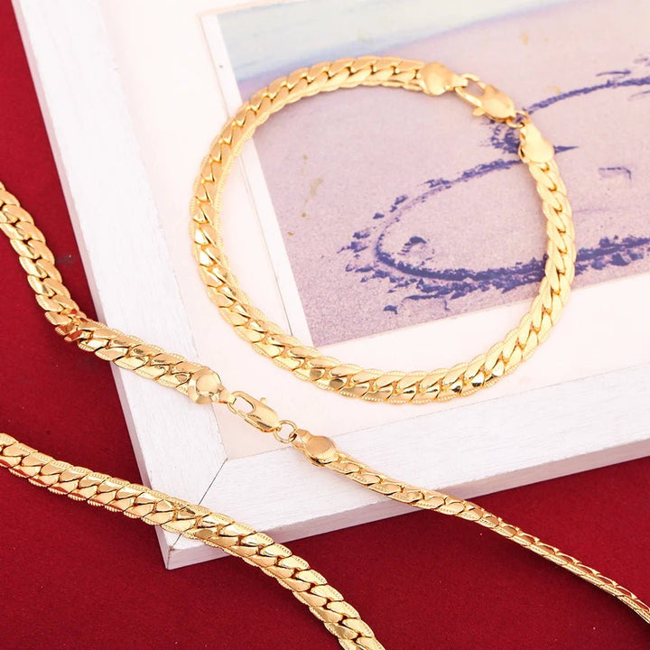 925 Sterling Silver 18K Gold 6MM Chain Necklace and Bracelet Set – Classic Wedding Party Jewelry Gifts - VeauBeauty