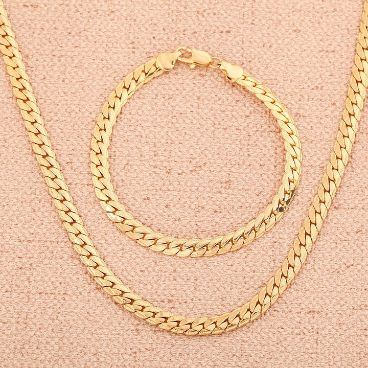 925 Sterling Silver 18K Gold 6MM Chain Necklace and Bracelet Set – Classic Wedding Party Jewelry Gifts - VeauBeauty
