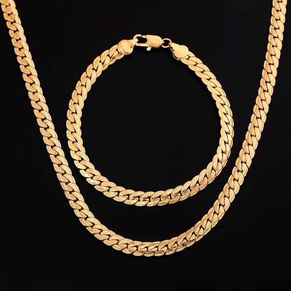 925 Sterling Silver 18K Gold 6MM Chain Necklace and Bracelet Set – Classic Wedding Party Jewelry Gifts - VeauBeauty
