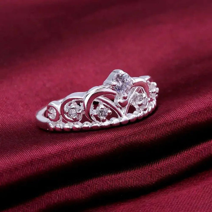 925 Sterling Silver Crown Ring – Crystal Inlaid Wedding Jewelry for Women - VeauBeauty