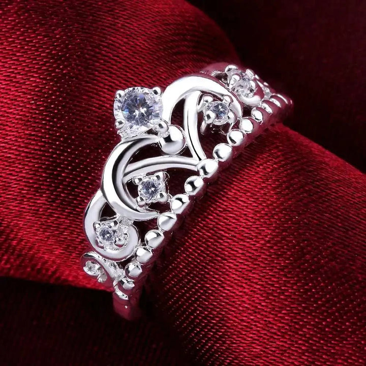 925 Sterling Silver Crown Ring – Crystal Inlaid Wedding Jewelry for Women - VeauBeauty