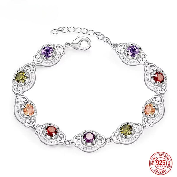 925 Sterling Silver Crystal Charm Bracelet – Women's Wedding Party Jewelry - VeauBeauty
