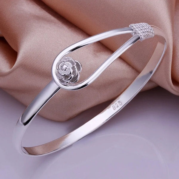 925 Sterling Silver Flower Buckle Bangle – Elegant Women’s Bracelet Christmas Gift - VeauBeauty