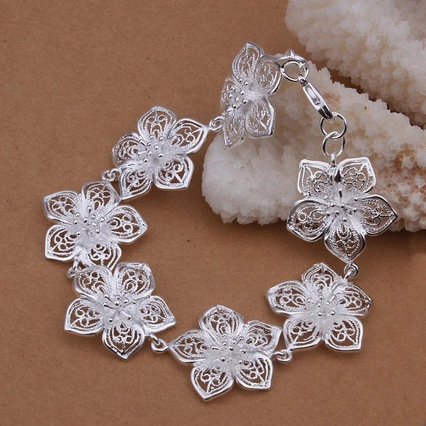 925 Sterling Silver Flower Chain Bracelet – Elegant Wedding Jewelry for Women 20cm - VeauBeauty
