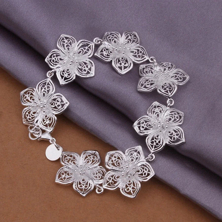 925 Sterling Silver Flower Chain Bracelet – Elegant Wedding Jewelry for Women 20cm - VeauBeauty