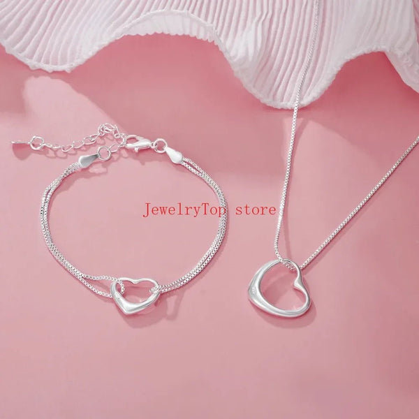 925 Sterling Silver Heart Necklace & Bracelet Set – Romantic Jewelry for Women - VeauBeauty