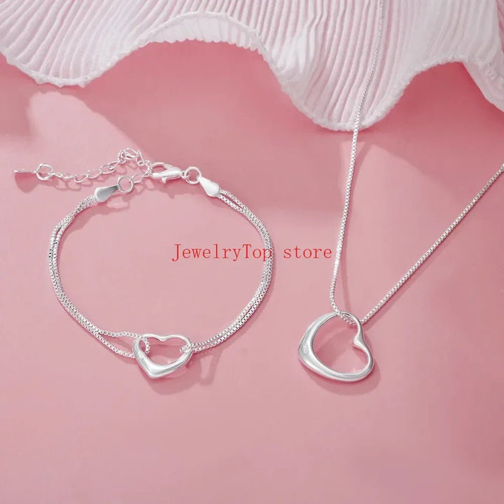 925 Sterling Silver Heart Necklace & Bracelet Set – Romantic Jewelry for Women - VeauBeauty