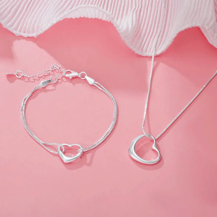 925 Sterling Silver Heart Necklace & Bracelet Set – Romantic Jewelry for Women - VeauBeauty