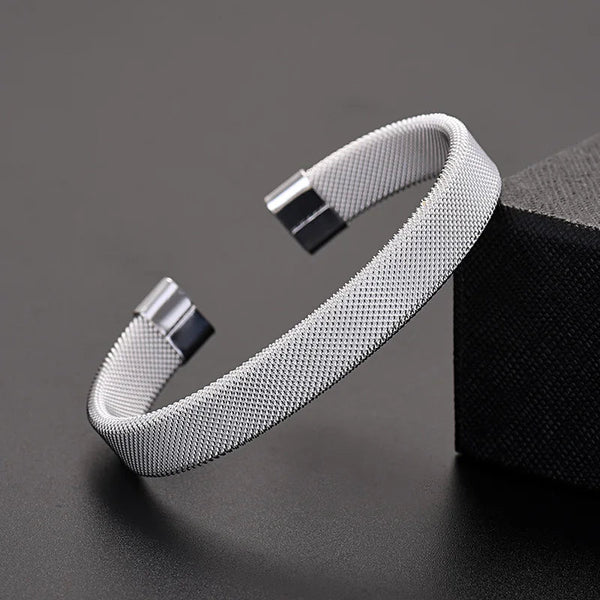 925 Sterling Silver Mesh Cuff Bracelet – Solid Silver Bangle for Women and Men - VeauBeauty