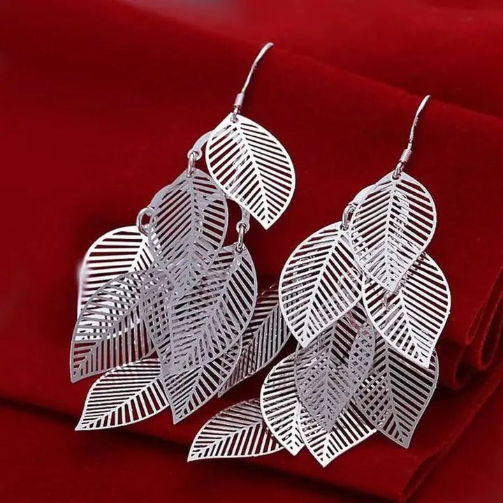925 Sterling Silver Retro Long Leaf Drop Earrings – Women's Wedding Party Jewelry - VeauBeauty