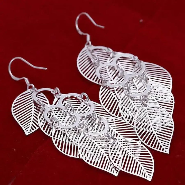 925 Sterling Silver Retro Long Leaf Drop Earrings – Women's Wedding Party Jewelry - VeauBeauty