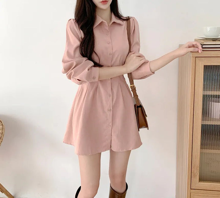 A - Line Shirt Dress with Polo Collar – High Waist Korean Style for Women (18–24) - VeauBeauty