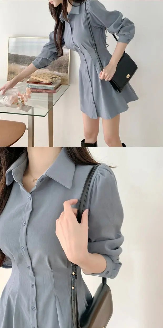 A - Line Shirt Dress with Polo Collar – High Waist Korean Style for Women (18–24) - VeauBeauty