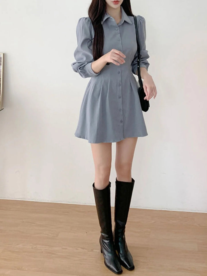 A - Line Shirt Dress with Polo Collar – High Waist Korean Style for Women (18–24) - VeauBeauty