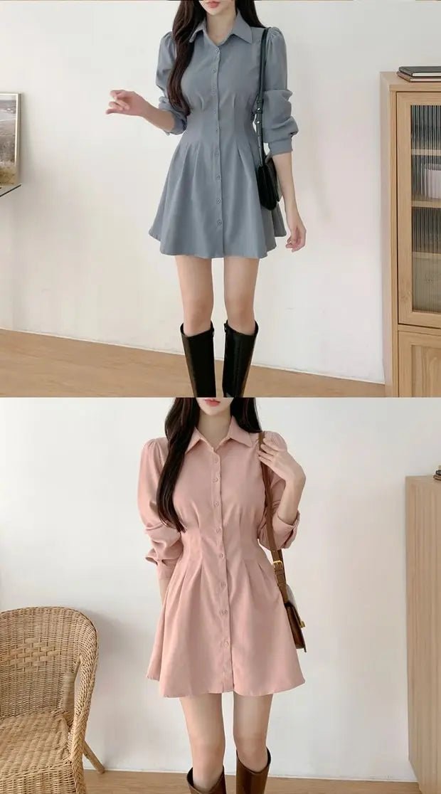 A - Line Shirt Dress with Polo Collar – High Waist Korean Style for Women (18–24) - VeauBeauty
