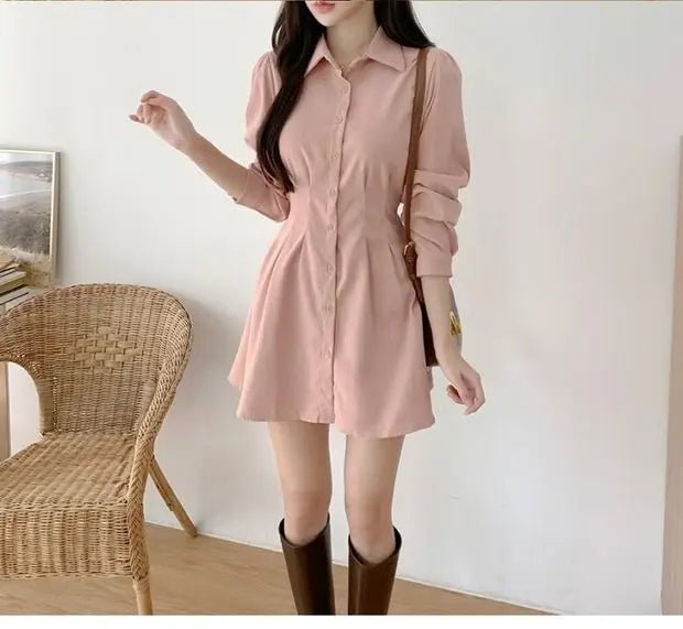 A - Line Shirt Dress with Polo Collar – High Waist Korean Style for Women (18–24) - VeauBeauty
