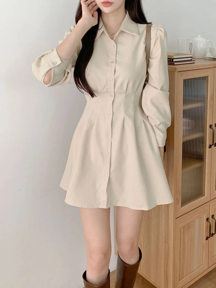 A - Line Shirt Dress with Polo Collar – High Waist Korean Style for Women (18–24) - VeauBeauty