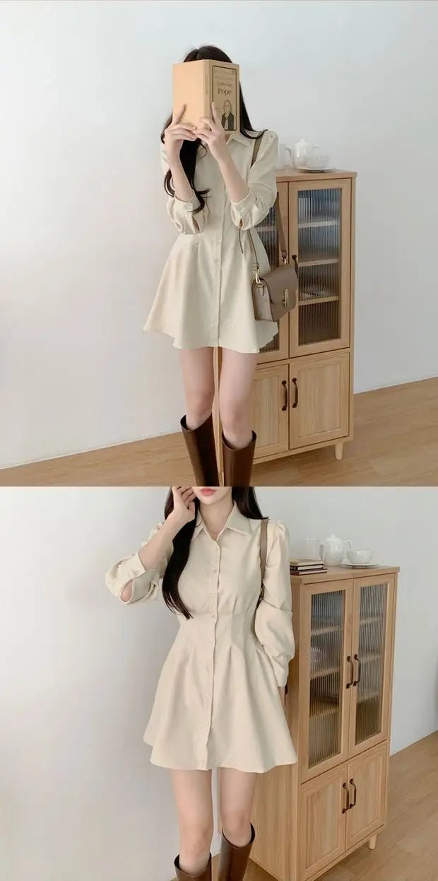 A - Line Shirt Dress with Polo Collar – High Waist Korean Style for Women (18–24) - VeauBeauty