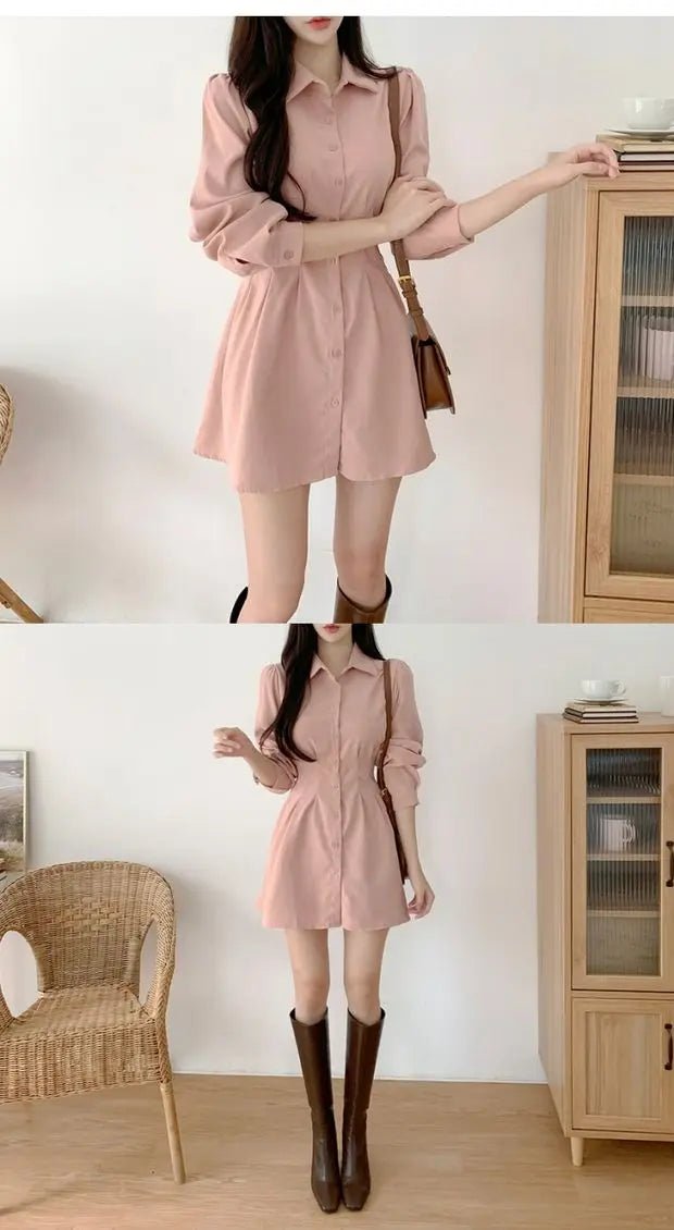 A - Line Shirt Dress with Polo Collar – High Waist Korean Style for Women (18–24) - VeauBeauty