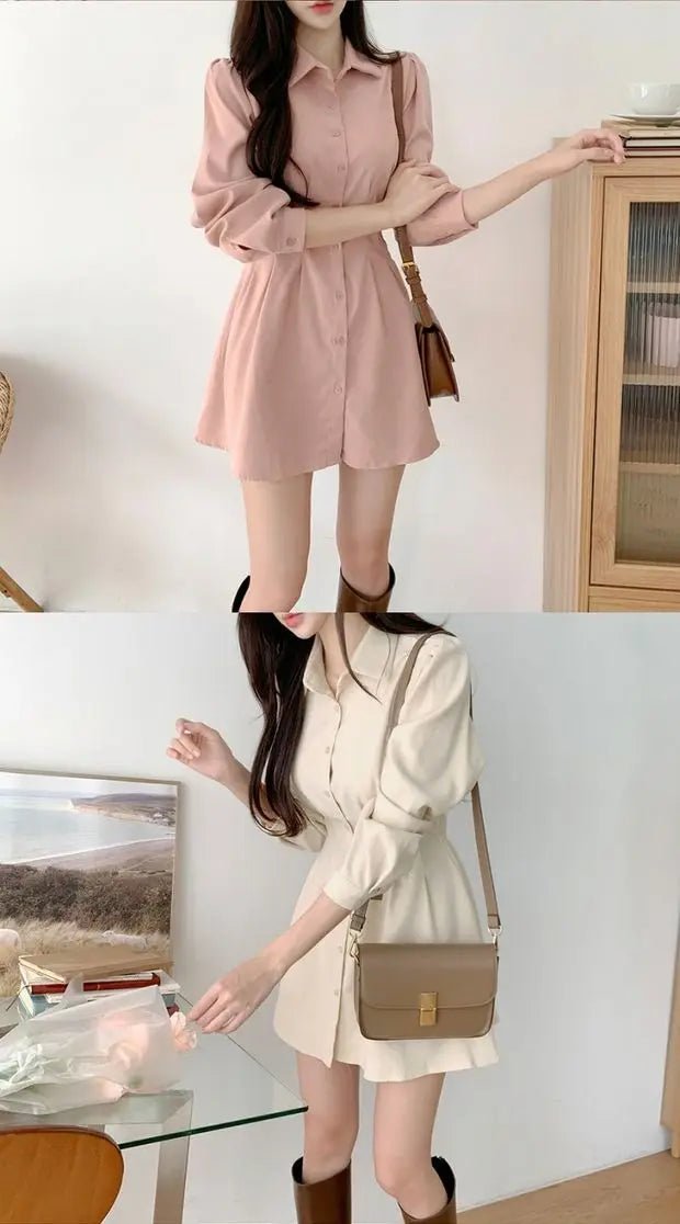 A - Line Shirt Dress with Polo Collar – High Waist Korean Style for Women (18–24) - VeauBeauty
