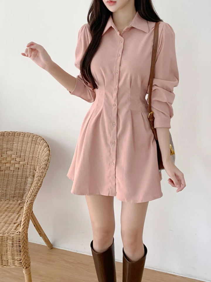 A - Line Shirt Dress with Polo Collar – High Waist Korean Style for Women (18–24) - VeauBeauty