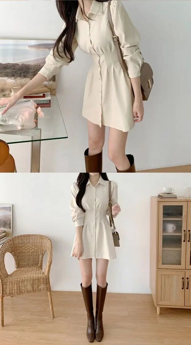 A - Line Shirt Dress with Polo Collar – High Waist Korean Style for Women (18–24) - VeauBeauty