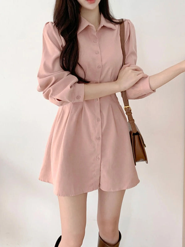 A - Line Shirt Dress with Polo Collar – High Waist Korean Style for Women (18–24) - VeauBeauty