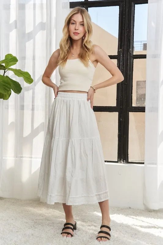 ADORA Elastic Waistband Tiered Midi Skirt - VeauBeauty