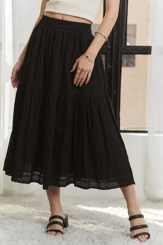 ADORA Elastic Waistband Tiered Midi Skirt - VeauBeauty