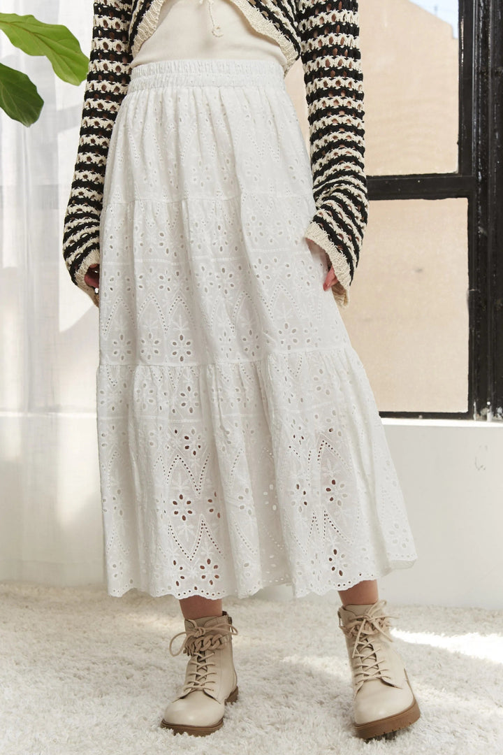 ADORA Elastic Waistband Tiered Midi Skirt - VeauBeauty