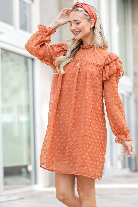 And The Why Lovely Ruffle Shoulder with Textured Woven Dress - VeauBeauty